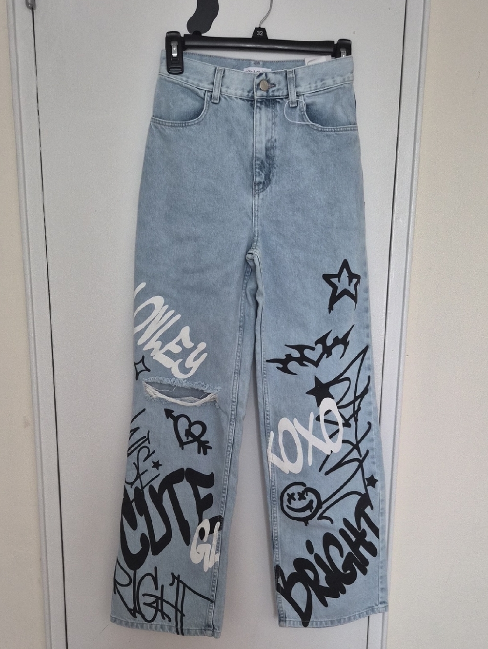 Gloria Jeans Long Leg High Rise Girls' Wide Leg Graffiti Jeans Size 11-12/152cm